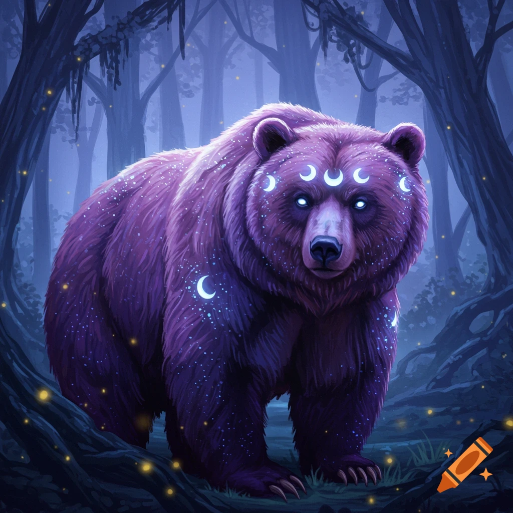 A majestic purple bear with glowing eyes and crescent moon patterns on its fur stands in a mystical dark forest.