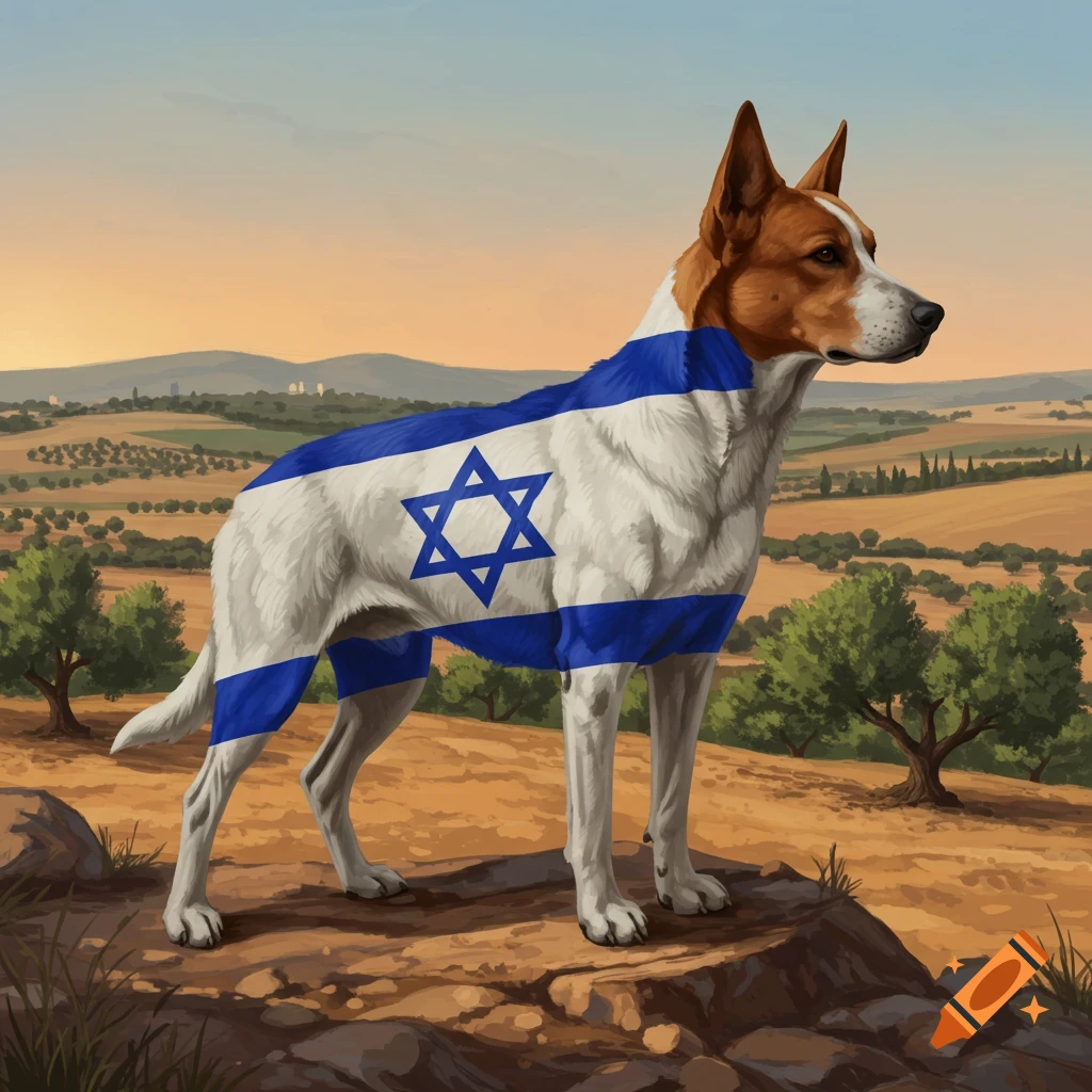 A dog with the Israeli flag painted on its fur stands on a rocky hill overlooking a sunny, green landscape.