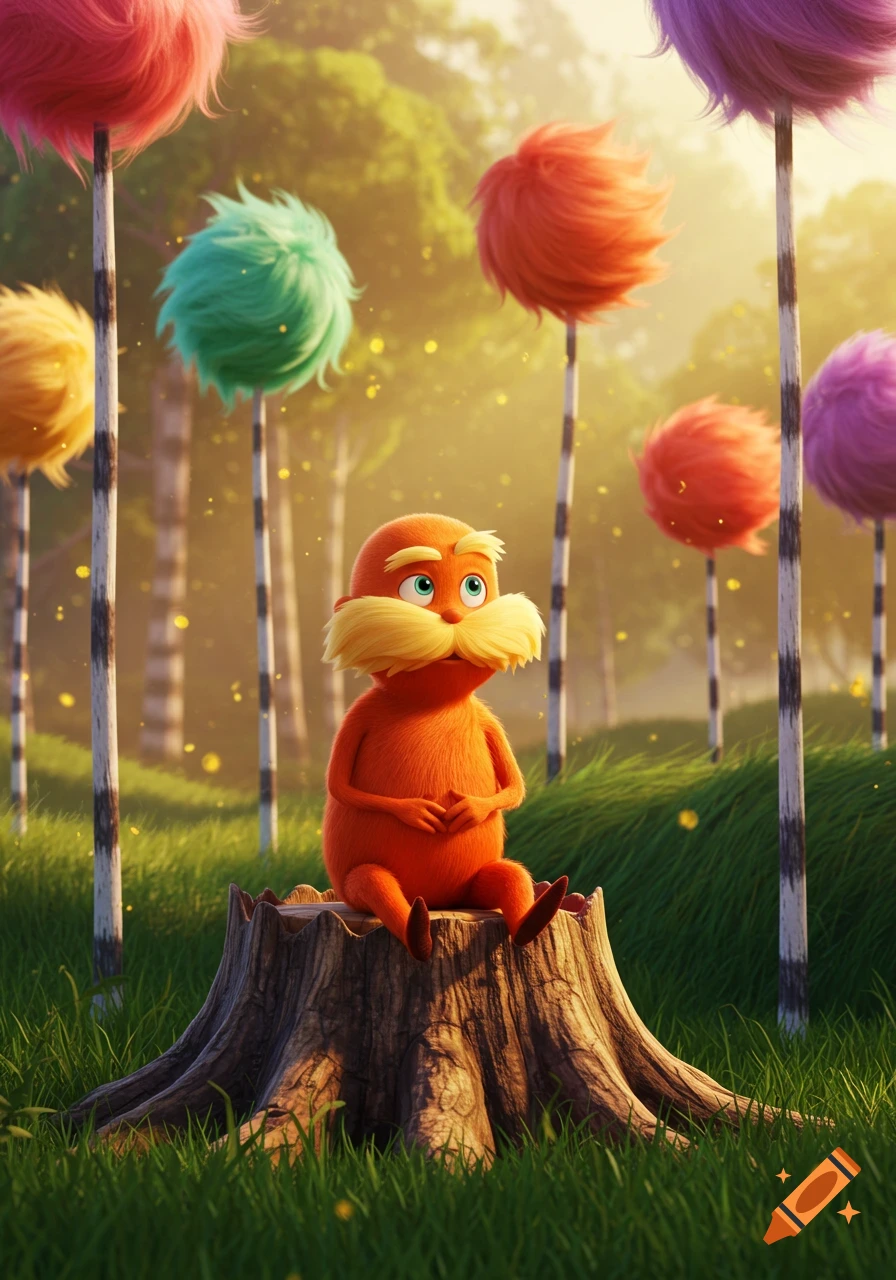 A whimsical orange Lorax-like creature with a large yellow mustache sits on a tree stump in a sunlit forest with colorful Truffula trees.