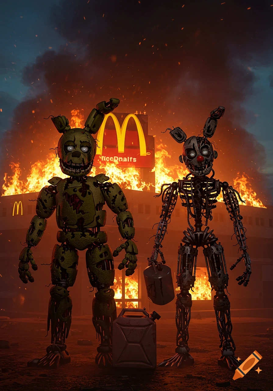 Springtrap and Ennard animatronics stand with gasoline cans in front of a burning McDonald's restaurant at dusk.