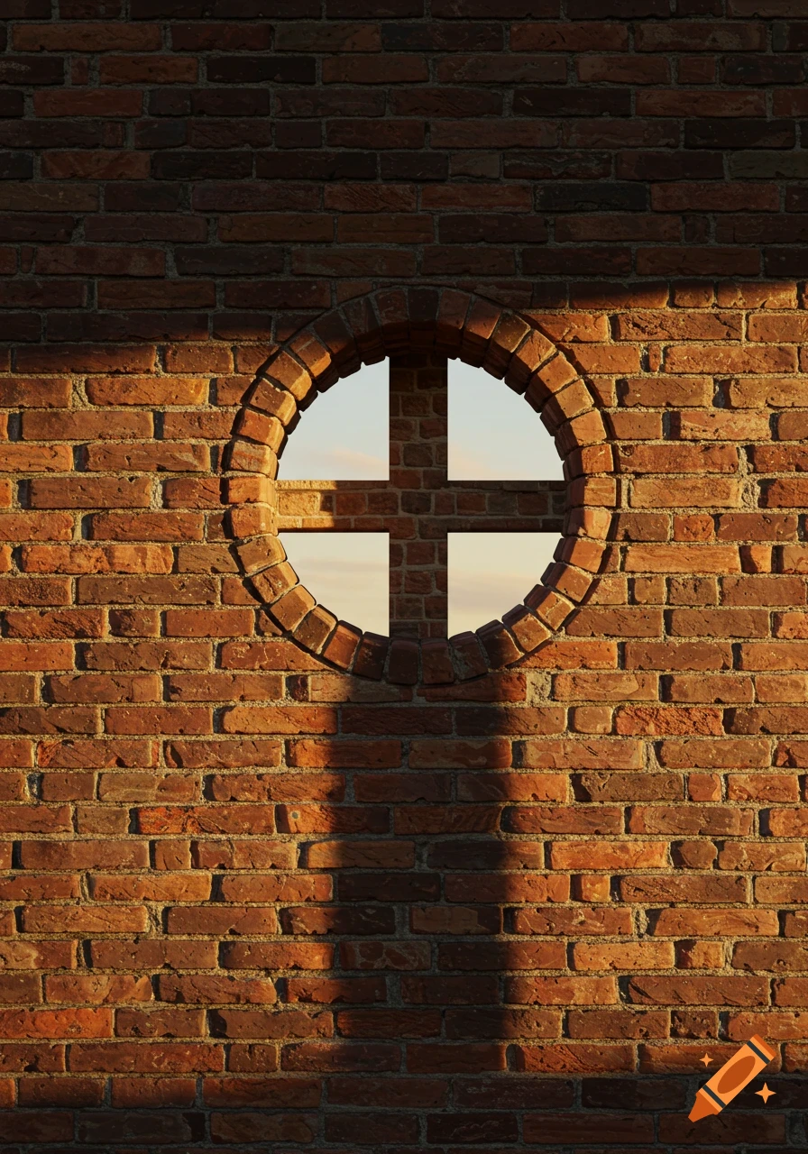 A rustic brick wall features a circular window casting a cross-shaped shadow.