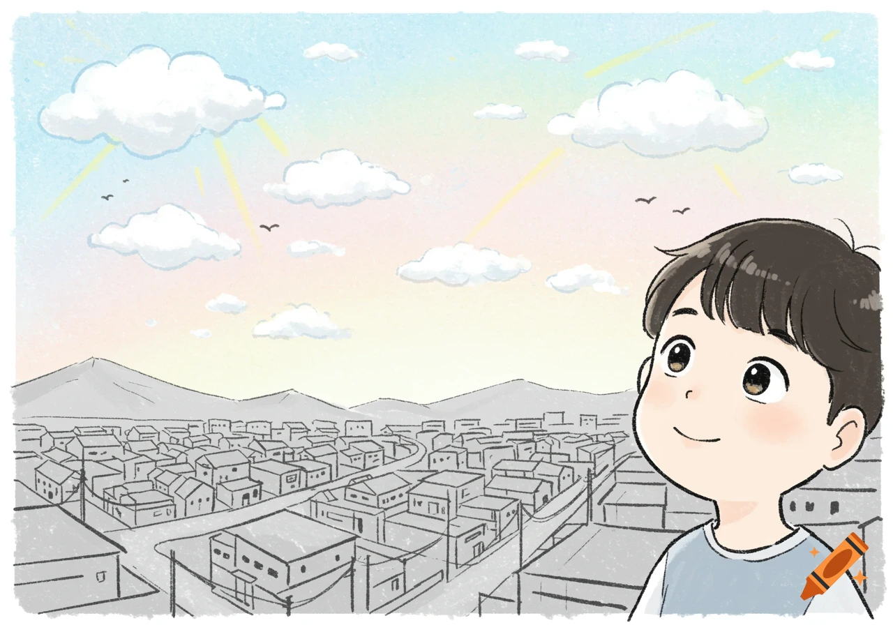 A cartoon Korean boy looks up at a pastel sky with clouds and sun rays above a gray town and mountains, in a children's crayon drawing style.
