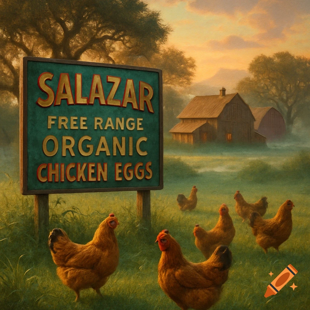 Painterly image of free-range chickens in a grassy field with a sign for 'Salazar Free Range Organic Chicken Eggs' and a barn at sunset.
