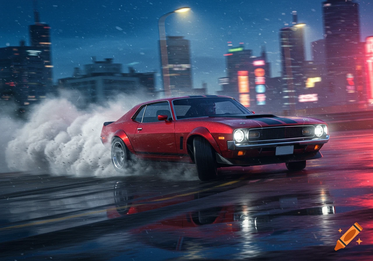 Red muscle car drifts on a wet city street at night, tire smoke trailing. Photorealistic.