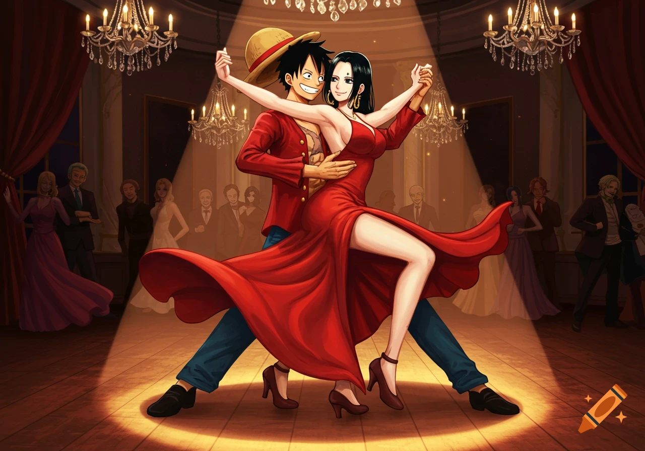 Anime characters Luffy and Hancock dancing the tango in a spotlight in a grand ballroom.