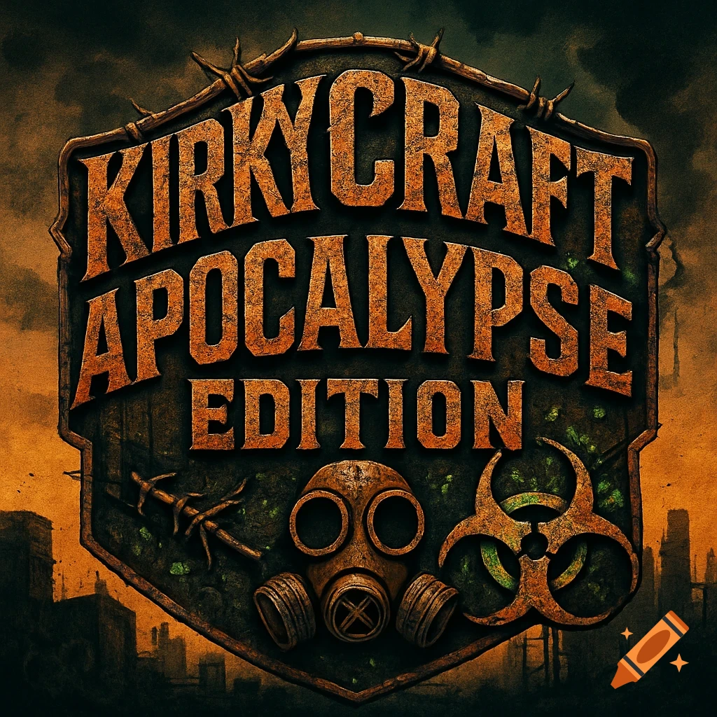Gritty post-apocalyptic 'Kirkycraft Apocalypse Edition' logo with a gas mask, biohazard symbol, and barbed wire.