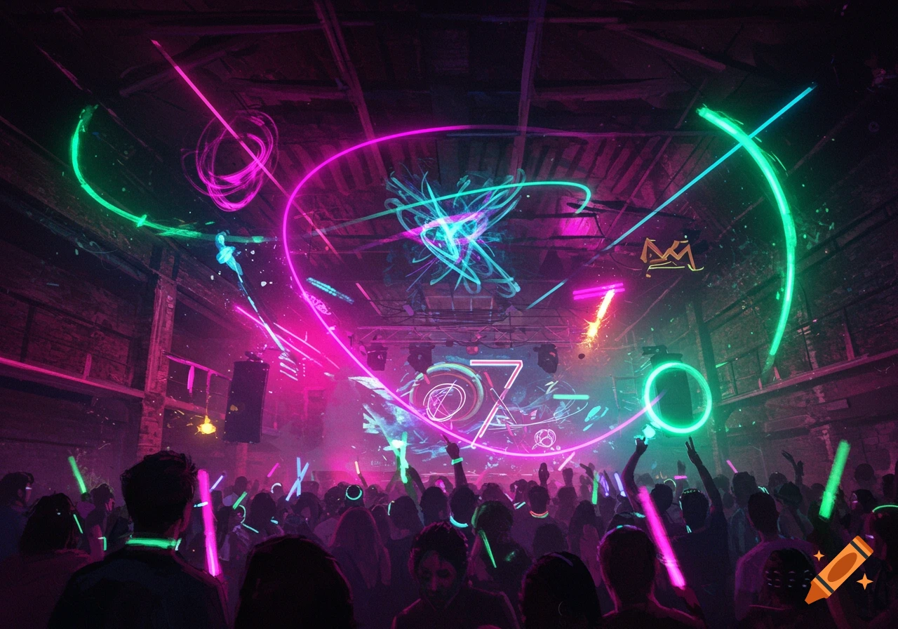An energetic rave scene with a large crowd holding glowing light sticks under vibrant neon green and pink laser lights, focused on a stage.