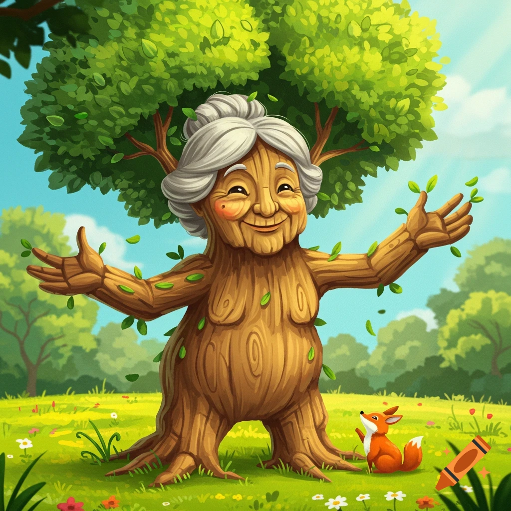 A smiling cartoon tree woman with grey hair and open arms in a green field with a fox, with leaves falling.