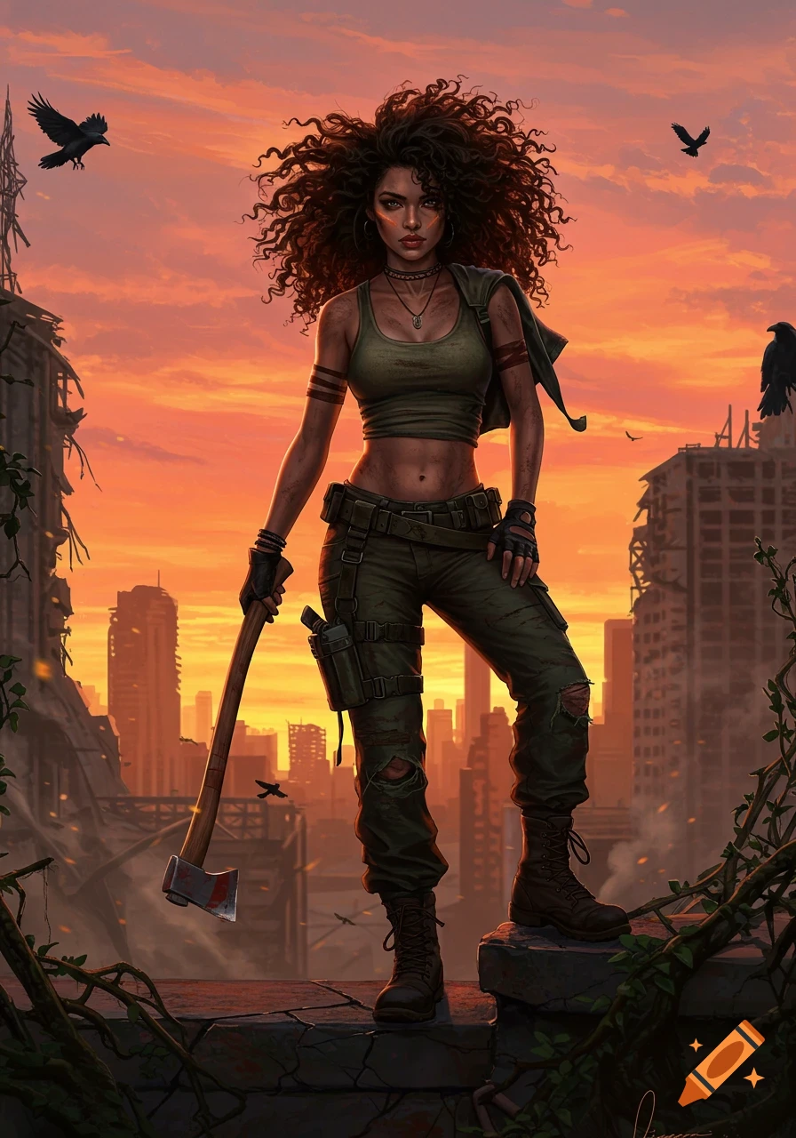 A confident female survivor with curly hair stands on a ruined city rooftop at sunset, holding an axe, against a vibrant orange sky.