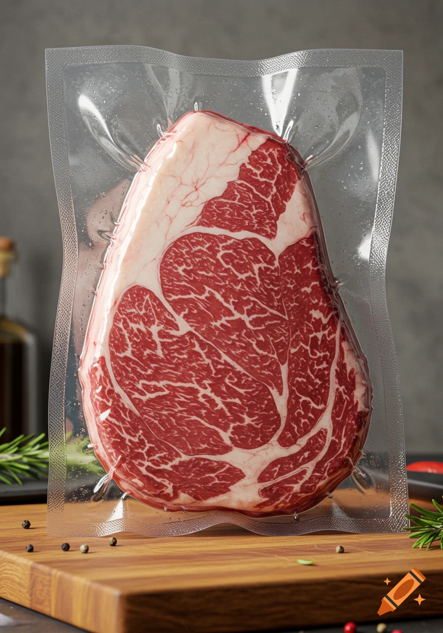Photorealistic vacuum-sealed raw chuck roast on a wooden cutting board with rosemary and peppercorns.