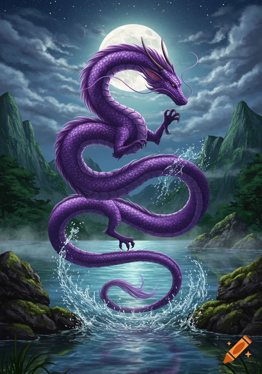 A vibrant purple dragon with horns and scales emerges from a moonlit lake, surrounded by water splashes, with misty mountains and a starry sky in the background.