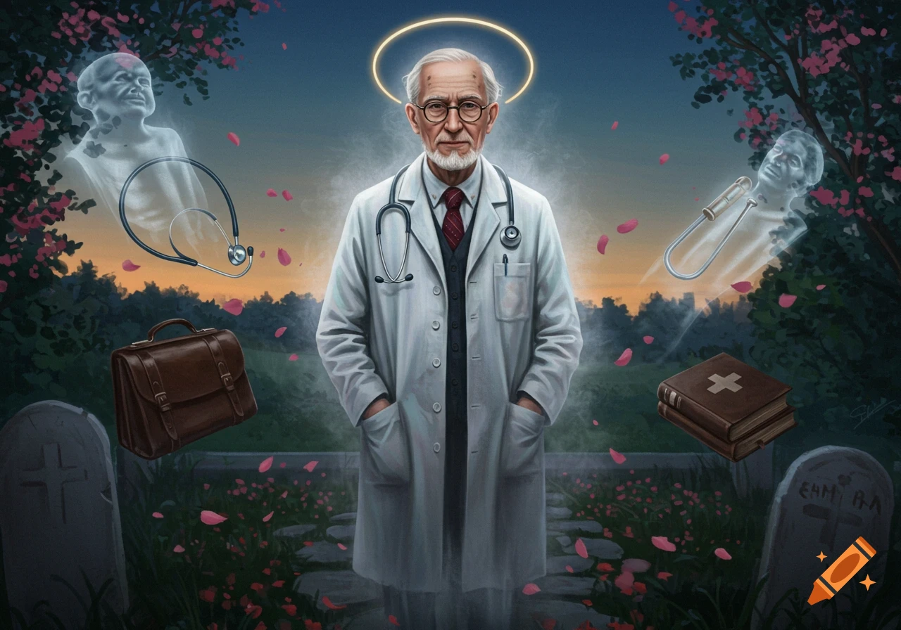 An elderly doctor with a halo and stethoscope stands in a graveyard with floating medical instruments, a briefcase, and ghost-like figures.