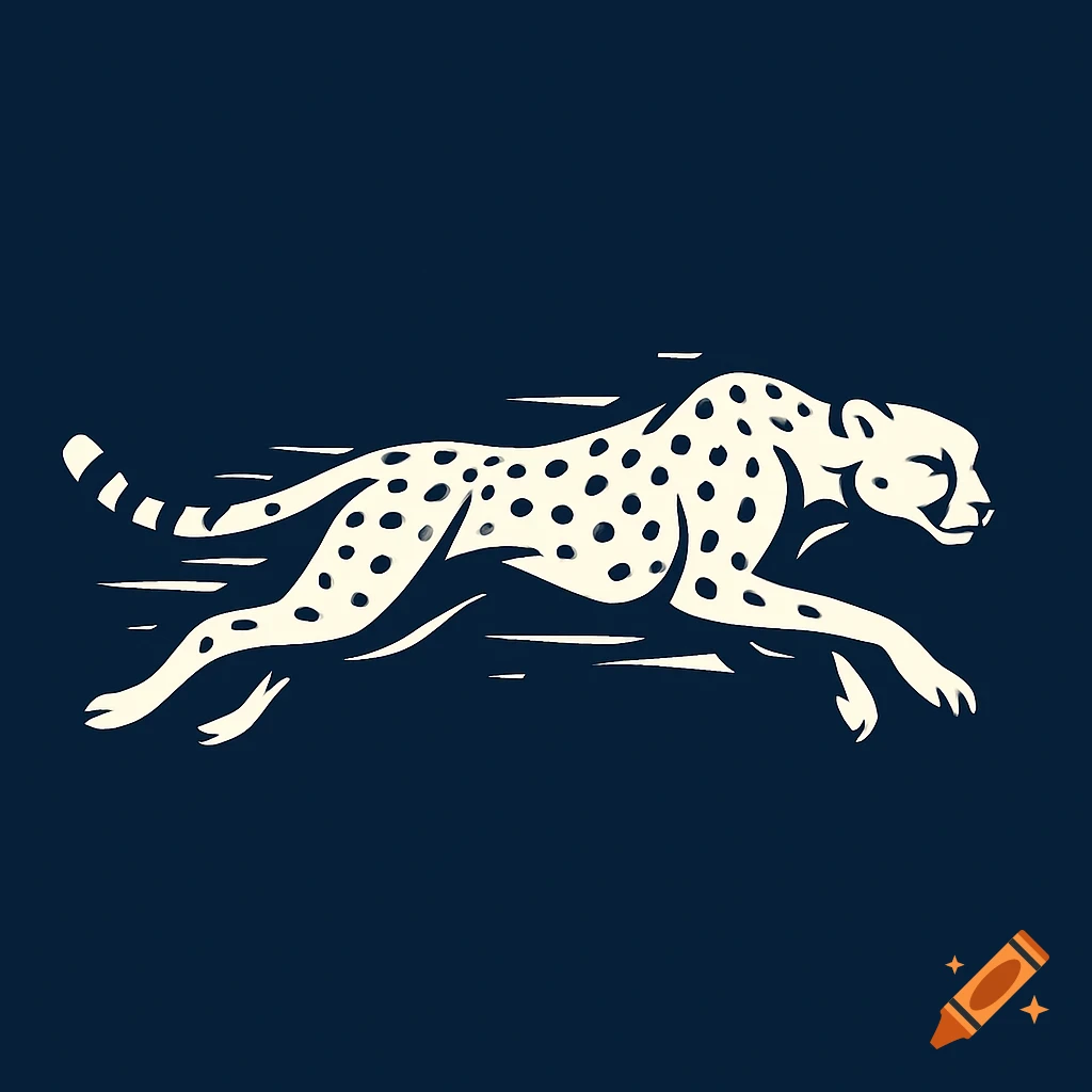 Stylized cream-colored cheetah logo with speed lines on a dark blue background.