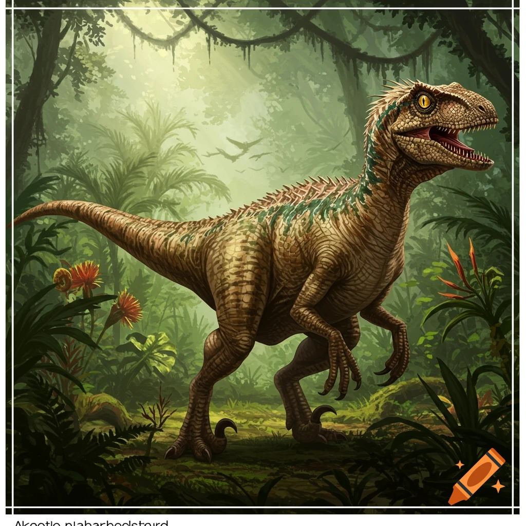 A detailed illustration of a velociraptor with yellow eyes standing in a lush, sunlit green jungle with tropical plants.