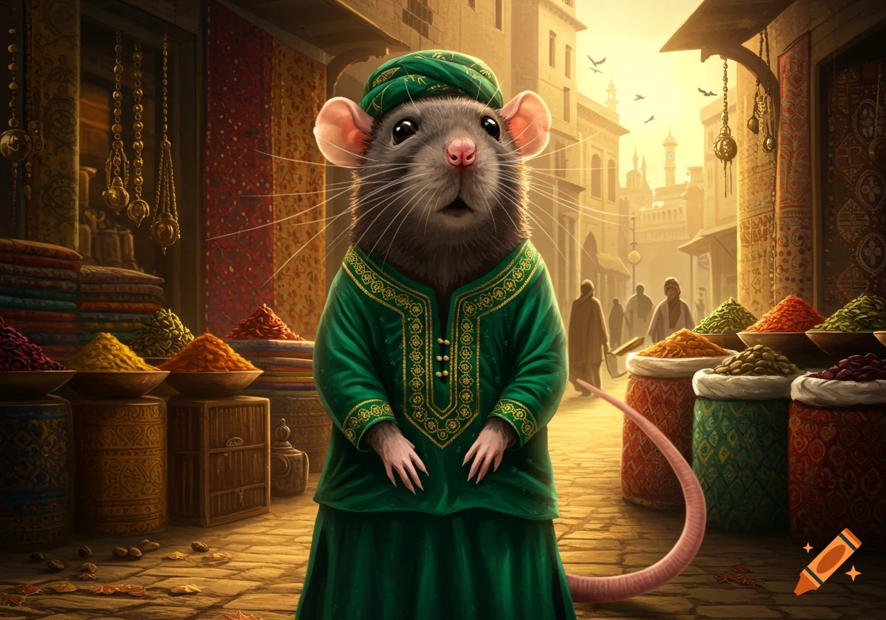 A realistic rat in green traditional Pakistani clothes and turban stands in a vibrant market with colorful spices.