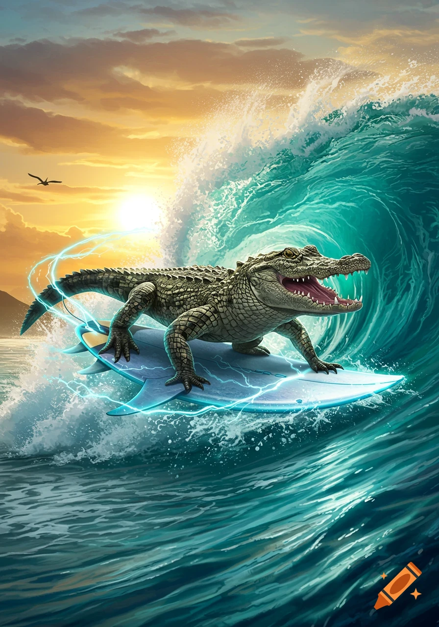 A stylized illustration of an alligator surfing a large turquoise wave on an electric surfboard at sunset.