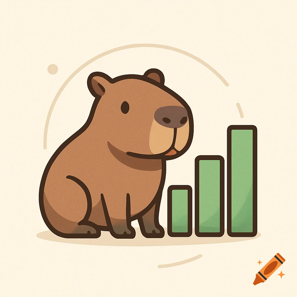 Cartoon capybara logo with an increasing bar chart.