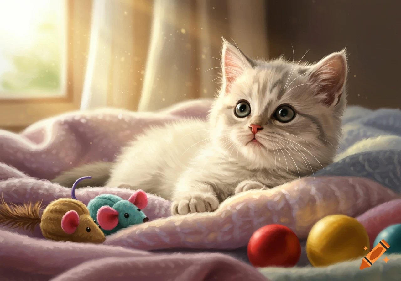 A cute fluffy kitten with large eyes lies on a pink blanket with toy mice and colorful balls in soft light.