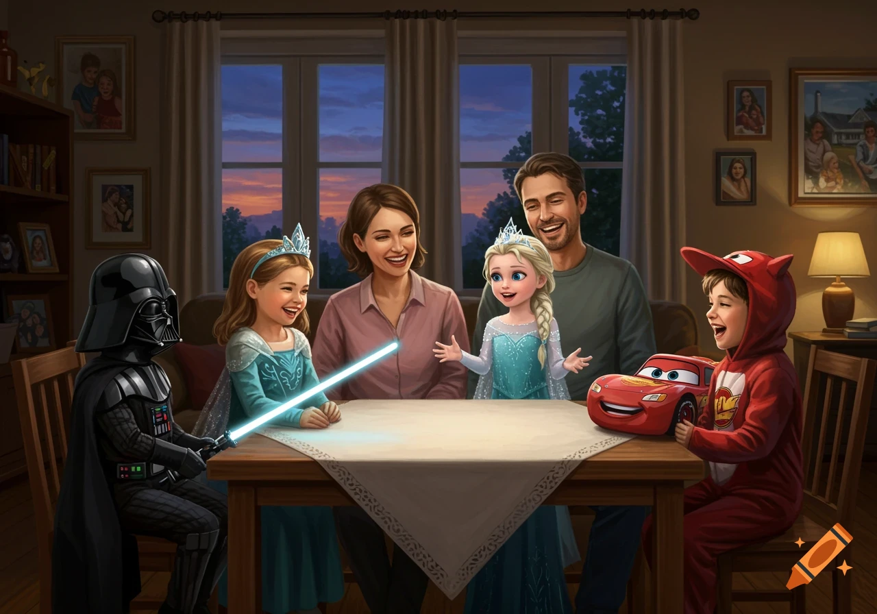 A family of five, with children dressed as Darth Vader, Princess Elsa, and Lightning McQueen, laughing around a table in a cozy living room.