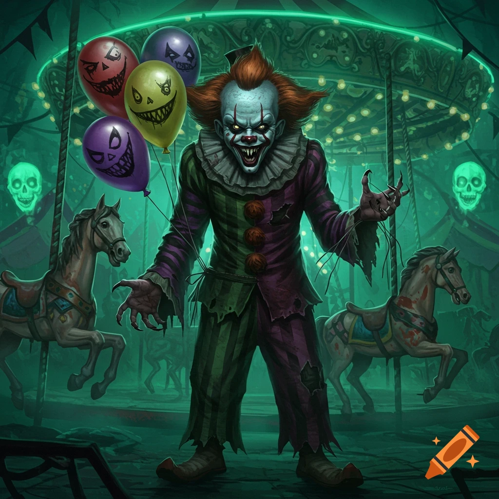 A creepy clown with a wide, toothy grin and spiky orange hair stands in a dark, neon-green lit carnival with skull-faced balloons.