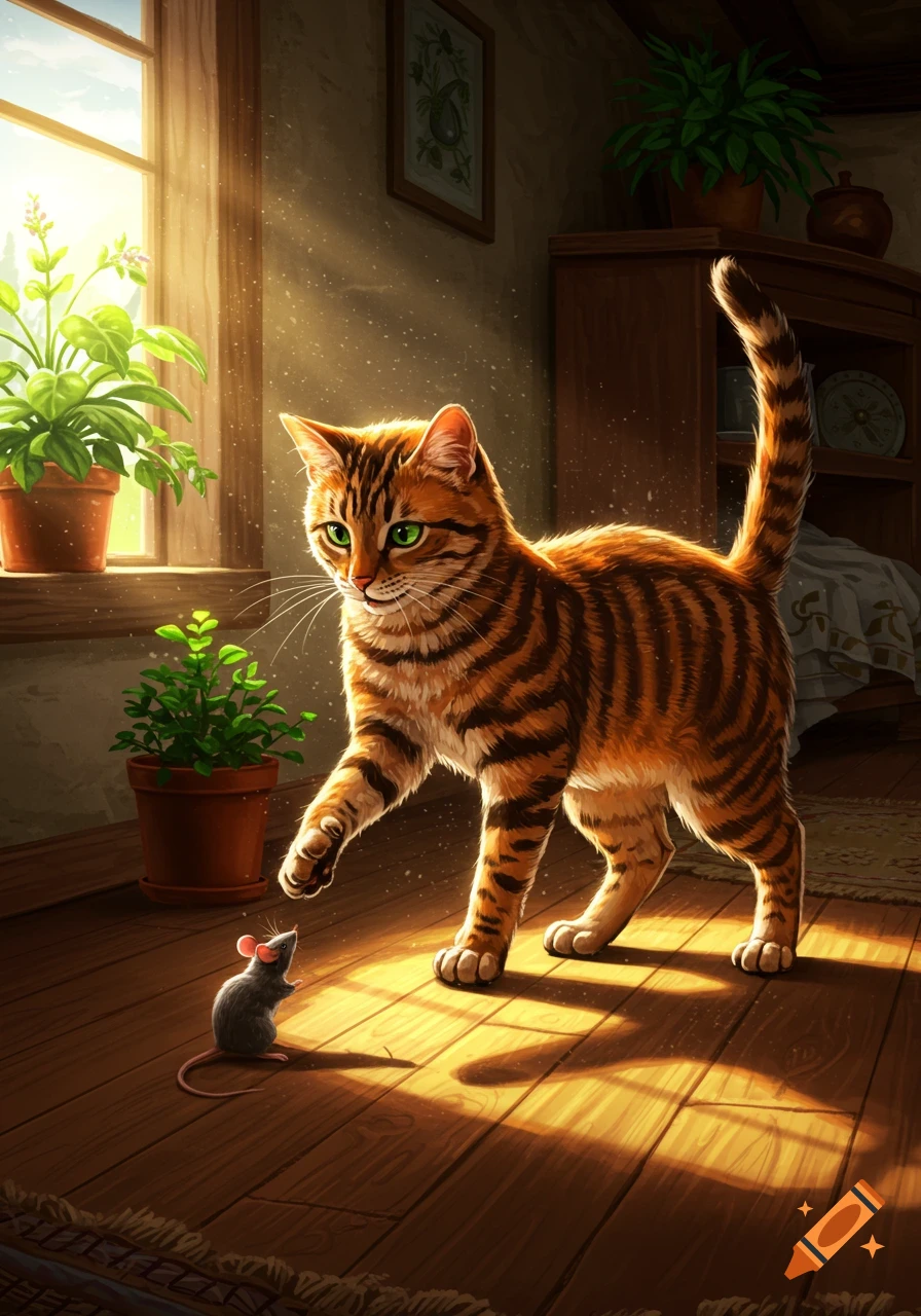 An orange tabby cat with green eyes, paw raised, interacts with a small grey mouse on a sunlit wooden floor in a cozy room with plants.