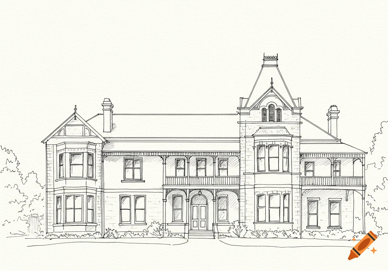 Black-and-white outline sketch of an elegant, large, historic house with bay windows, balconies, and a prominent central tower.