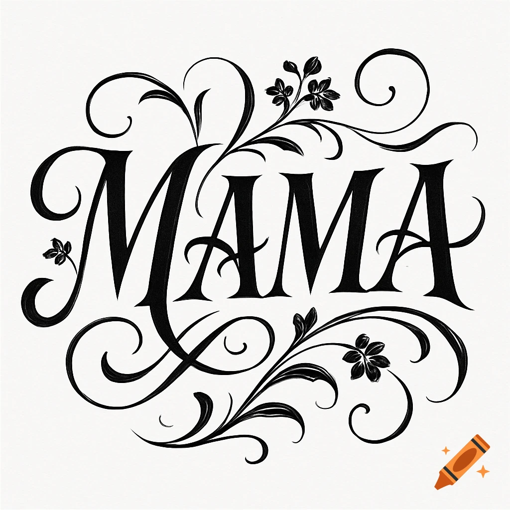 Black and white elegant calligraphic design of the word MAMA, adorned with floral flourishes.