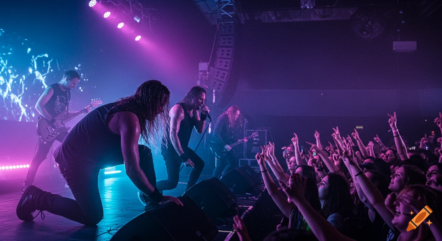A rock band with long hair performs on a stage lit with vibrant purple and blue lights to a cheering crowd, the lead singer leaning into the audience.