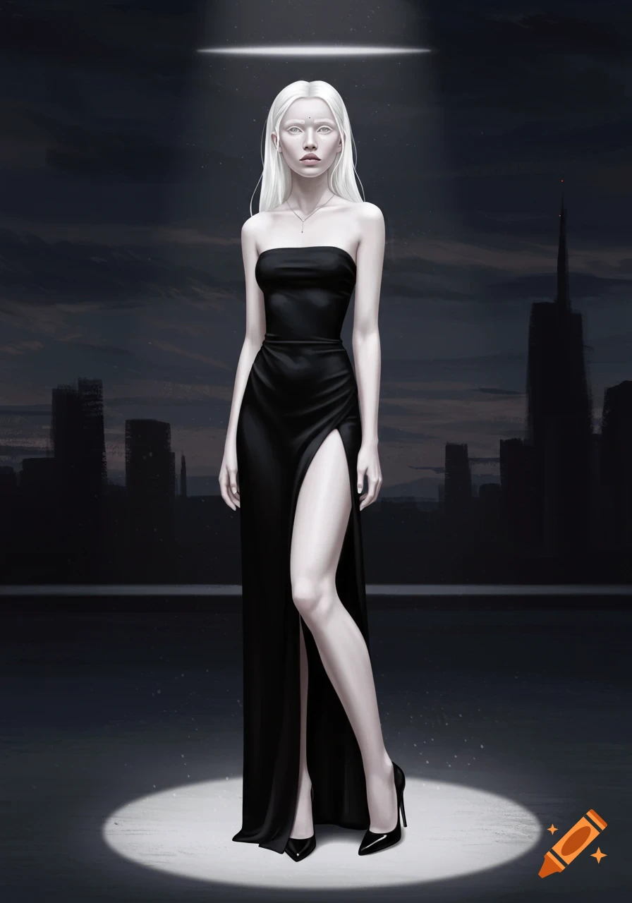 Digital illustration of an albino woman in a black strapless dress with a leg slit, standing in a spotlight against a dark city skyline.