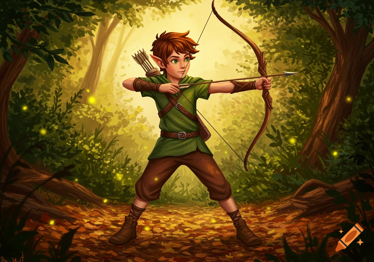 A young elf-like boy with reddish-brown hair and pointy ears holds a shortbow with an arrow drawn, standing in a bright, leafy fantasy forest.
