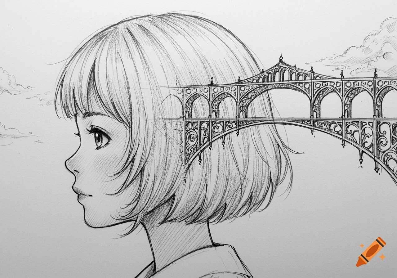 A black and white pencil sketch of a girl's side profile with a detailed bridge extending from the back of her head.