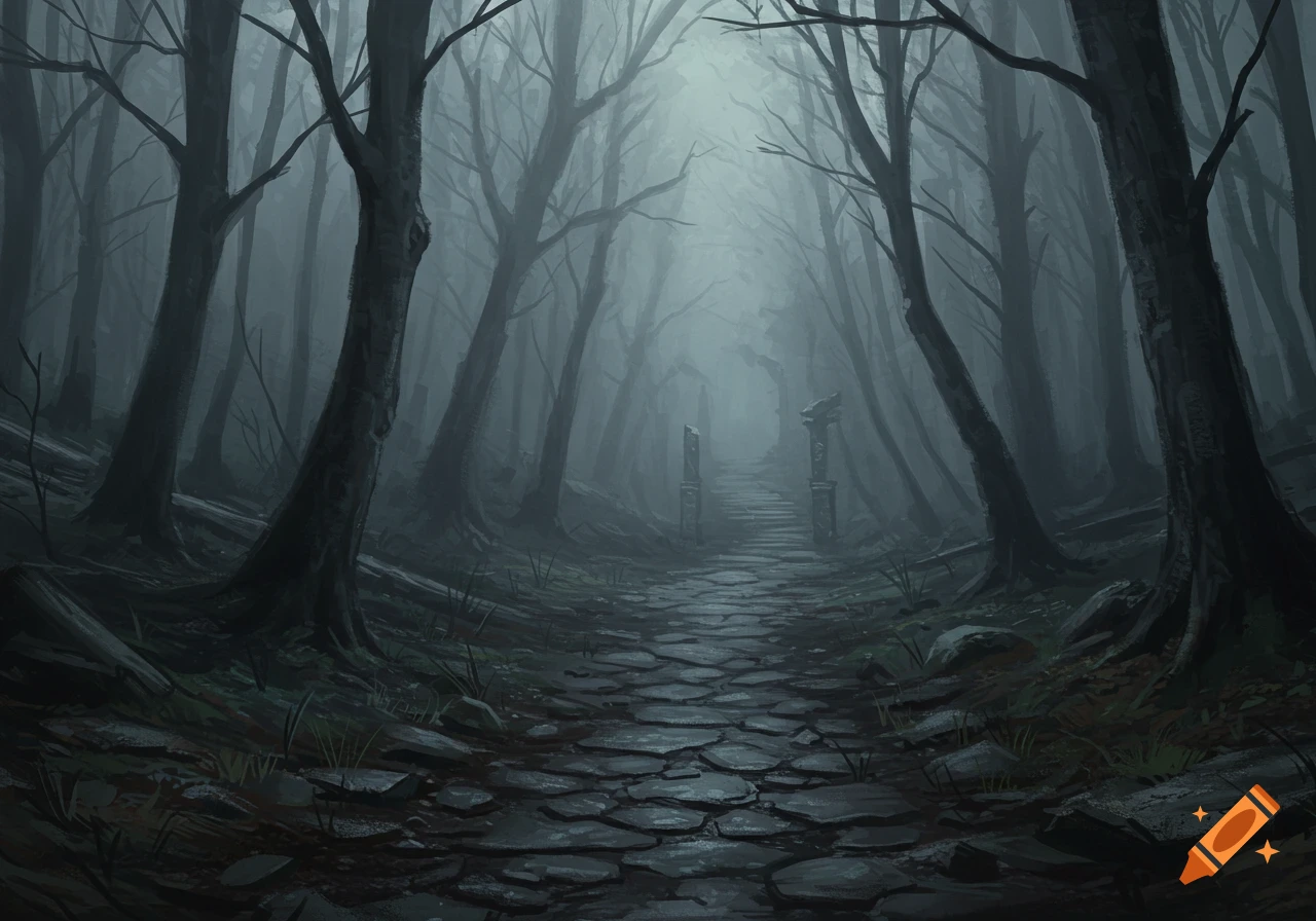 A dark, foggy forest path leads through bare trees to a mysterious stone gate in a gothic, painterly style.