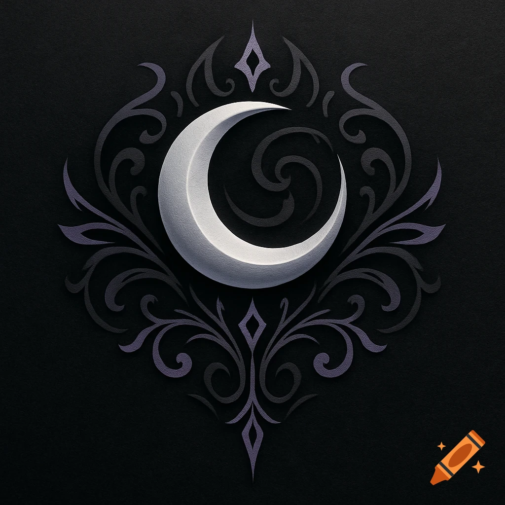 A silver crescent moon centered within dark purple ornamental patterns on a black background, resembling a guild symbol.