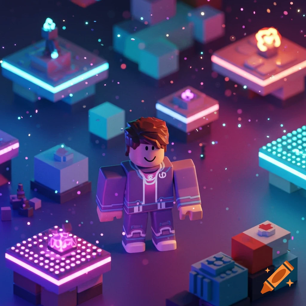 A Roblox-style character with a brown hairstyle and purple outfit stands amidst glowing neon block structures and particles in a digital art style.