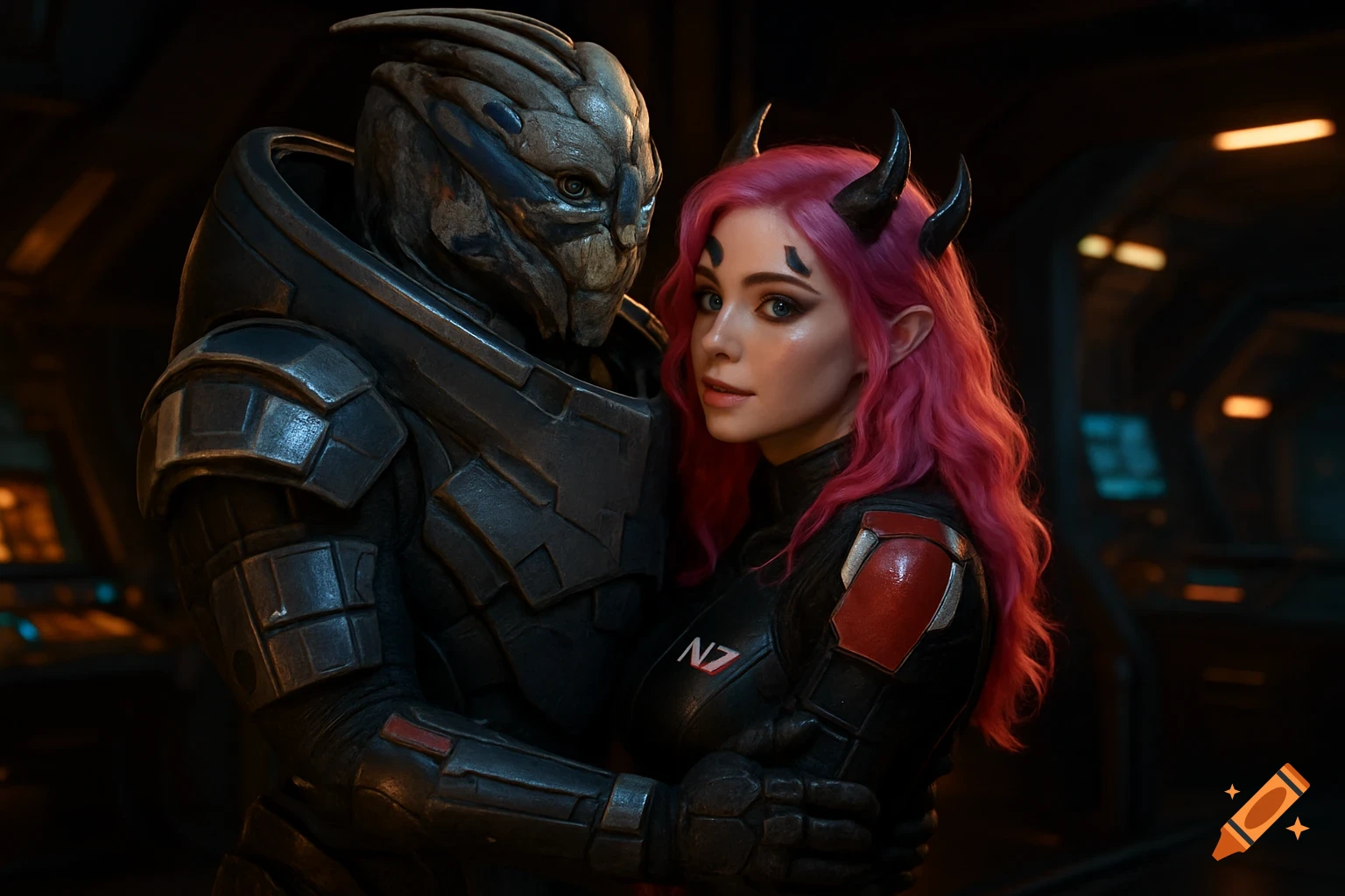 Garrus Vakarian embraces a pink-haired woman with horns in black and red space armor, in a photorealistic sci-fi setting.