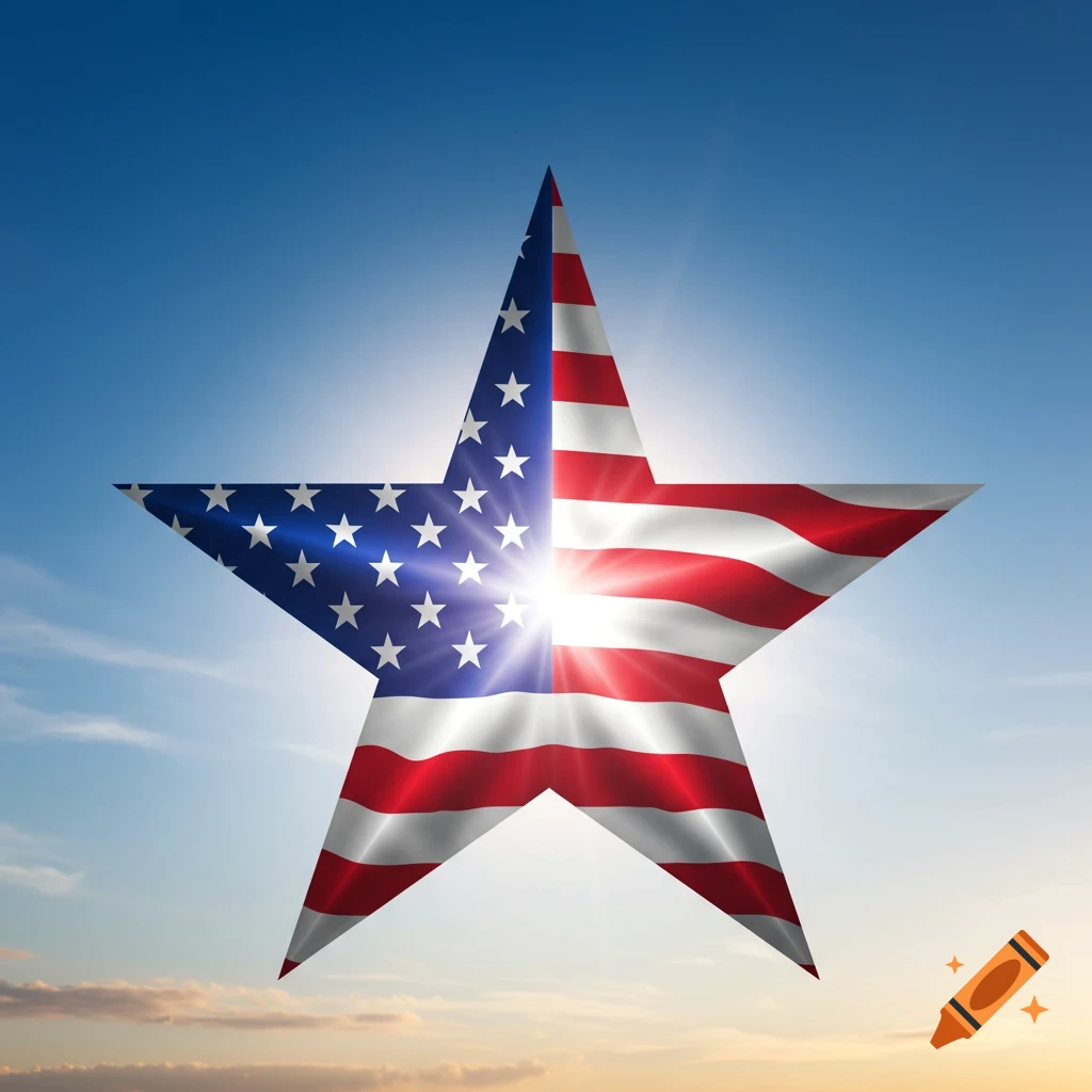 A five-pointed star filled with the American flag, with bright sun rays in its center, against a blue and orange sky.