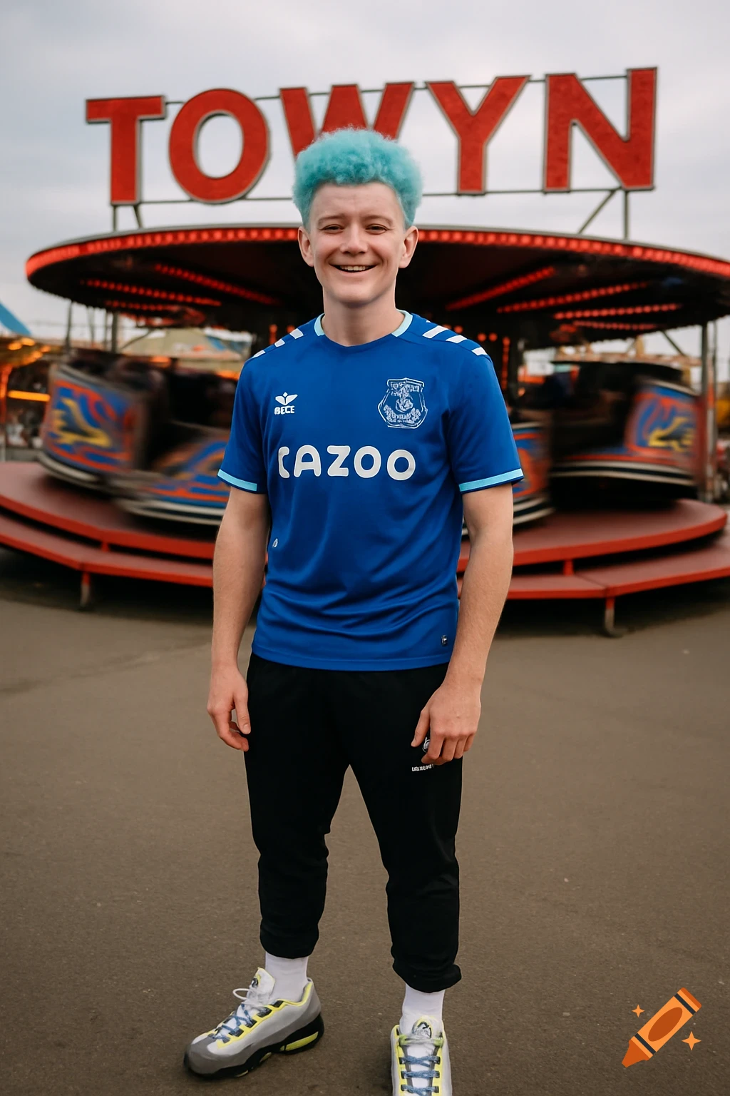 Smiling man with turquoise hair in Everton FC jersey at Towyn fairground, with spinning rides and 'TOWYN' sign in background. Photorealistic.