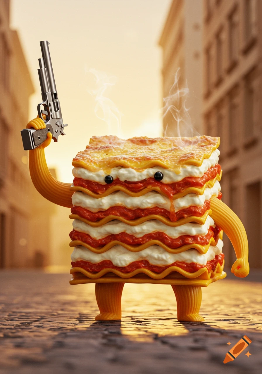 A whimsical, photorealistic lasagna character with noodle-like arms and legs, holding a silver pistol, stands on a city street.