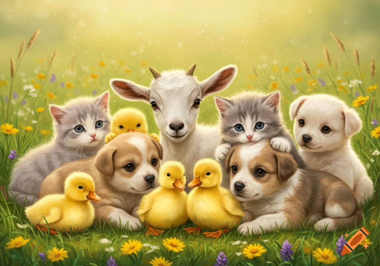 A group of cute kittens, puppies, ducklings, and a baby goat cuddling in a sunny meadow filled with yellow and purple flowers.