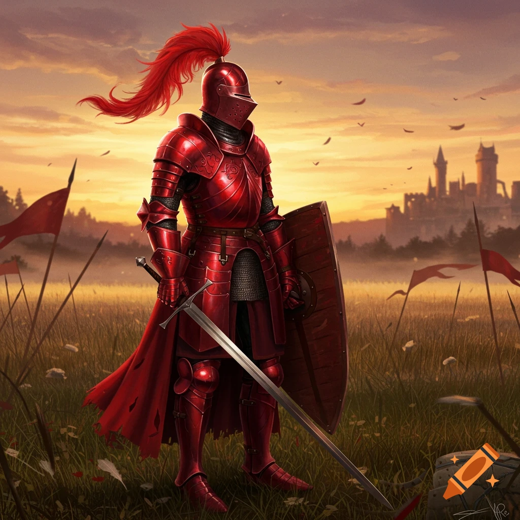 A knight in shiny red armor with a feathered helmet, wielding a sword and shield, stands in a field at sunset with a castle in the background.