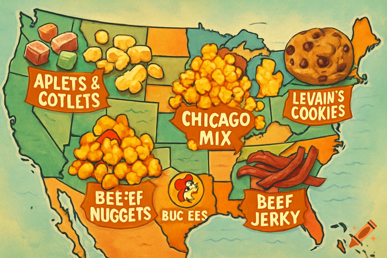 A fun, illustrated map of the United States highlighting regional snacks. Labels include Aplets & Cotlets, Chicago Mix, Levain's Cookies, Beef Nuggets, Buc-ees, and Beef Jerky.