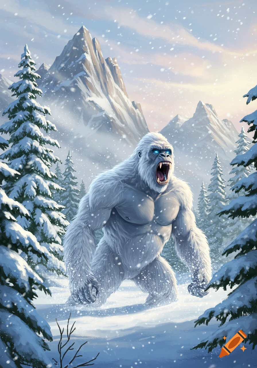 A ferocious white yeti, with glowing blue eyes, roars in a snowy mountain landscape surrounded by pine trees.