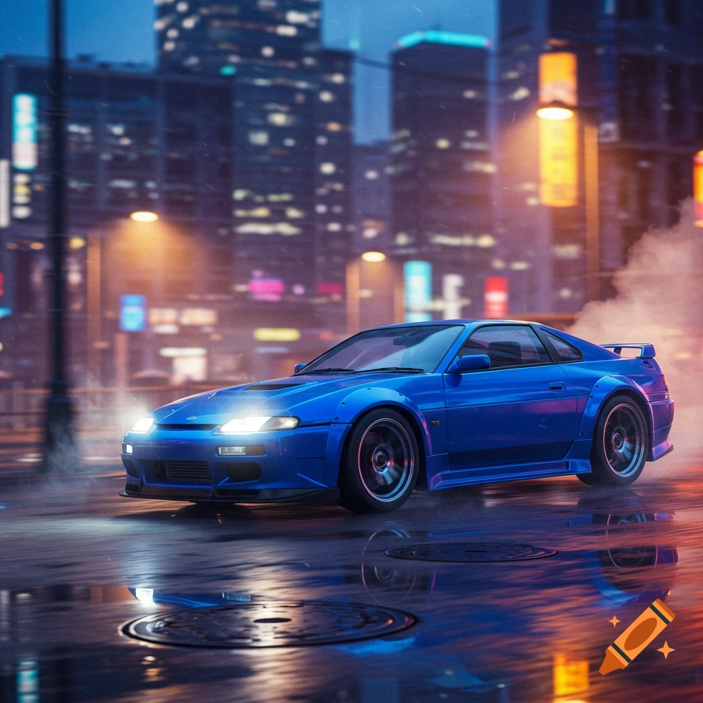 A sleek blue sports car drives on a wet city street at night, with blurred city lights in the background.