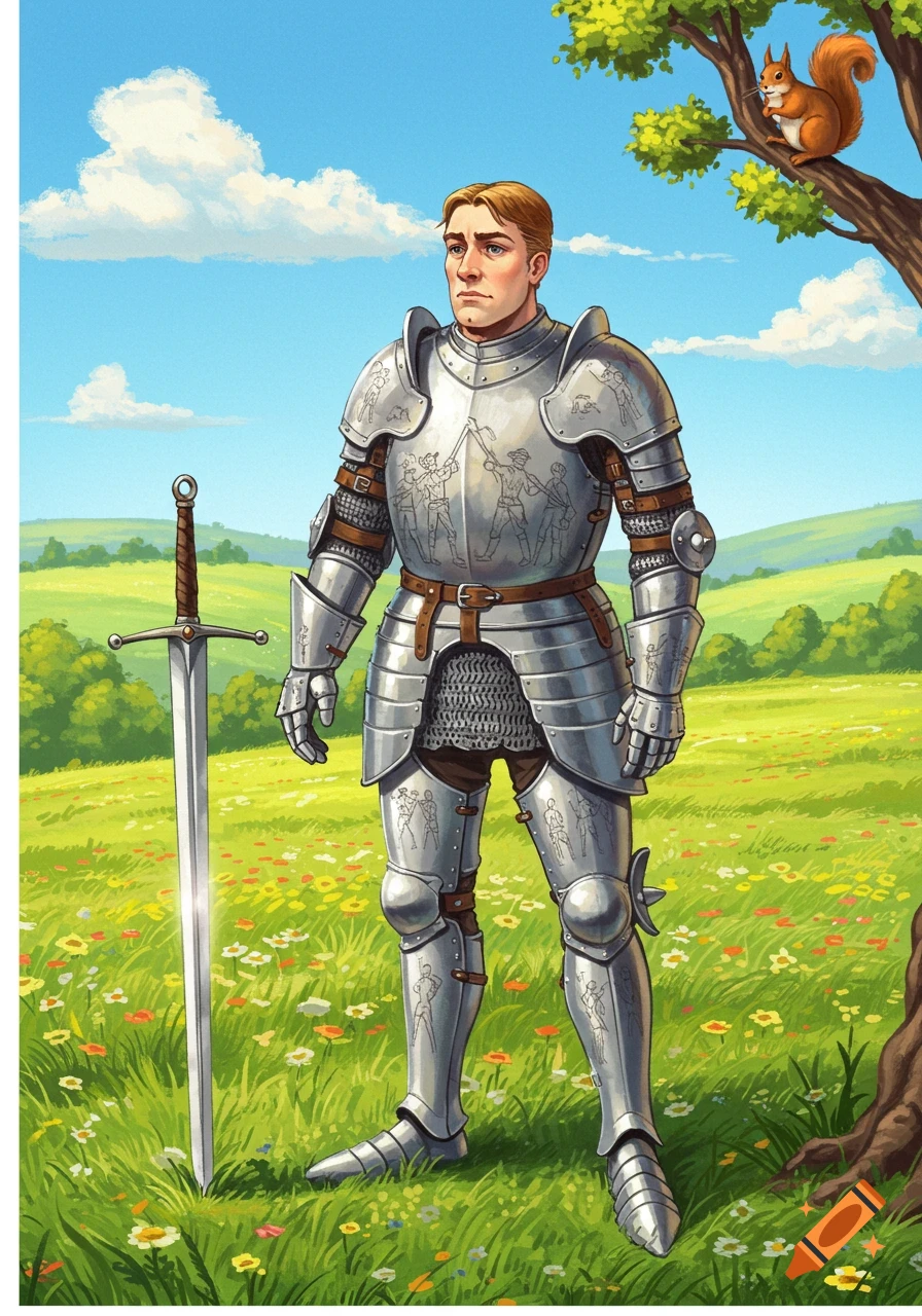 An illustrated knight in shining armor stands with his sword planted in a grassy field with flowers, a squirrel watches from a tree.