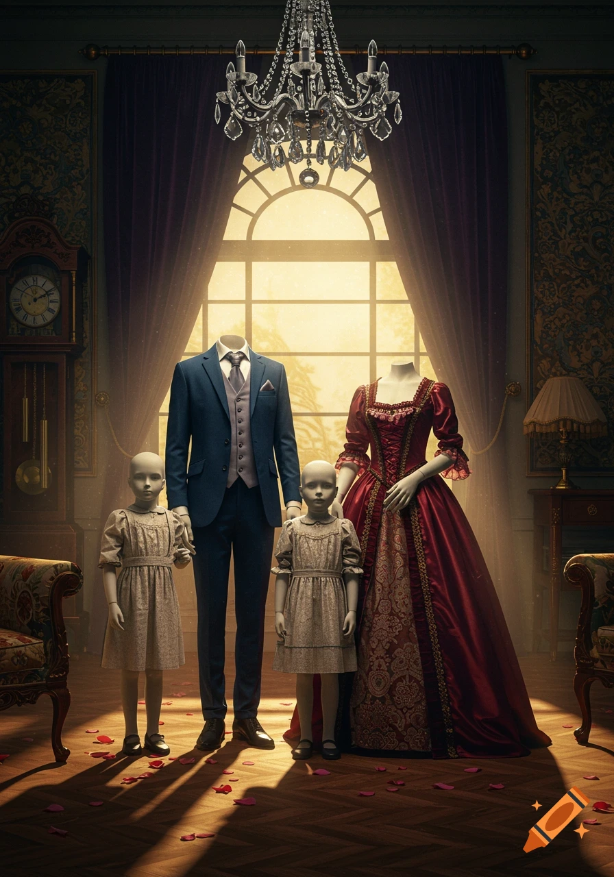 Four headless mannequins, two adults and two children, in elegant historical clothing, standing in a lavish, dimly lit room.