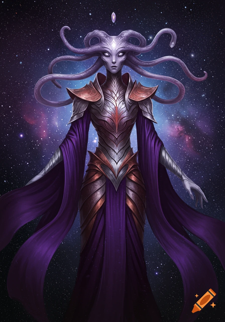 A tall, thin androgynous alien with tentacles for hair and large eyes, wearing ornate silver and bronze armor with long purple robes, against a starry cosmic background.