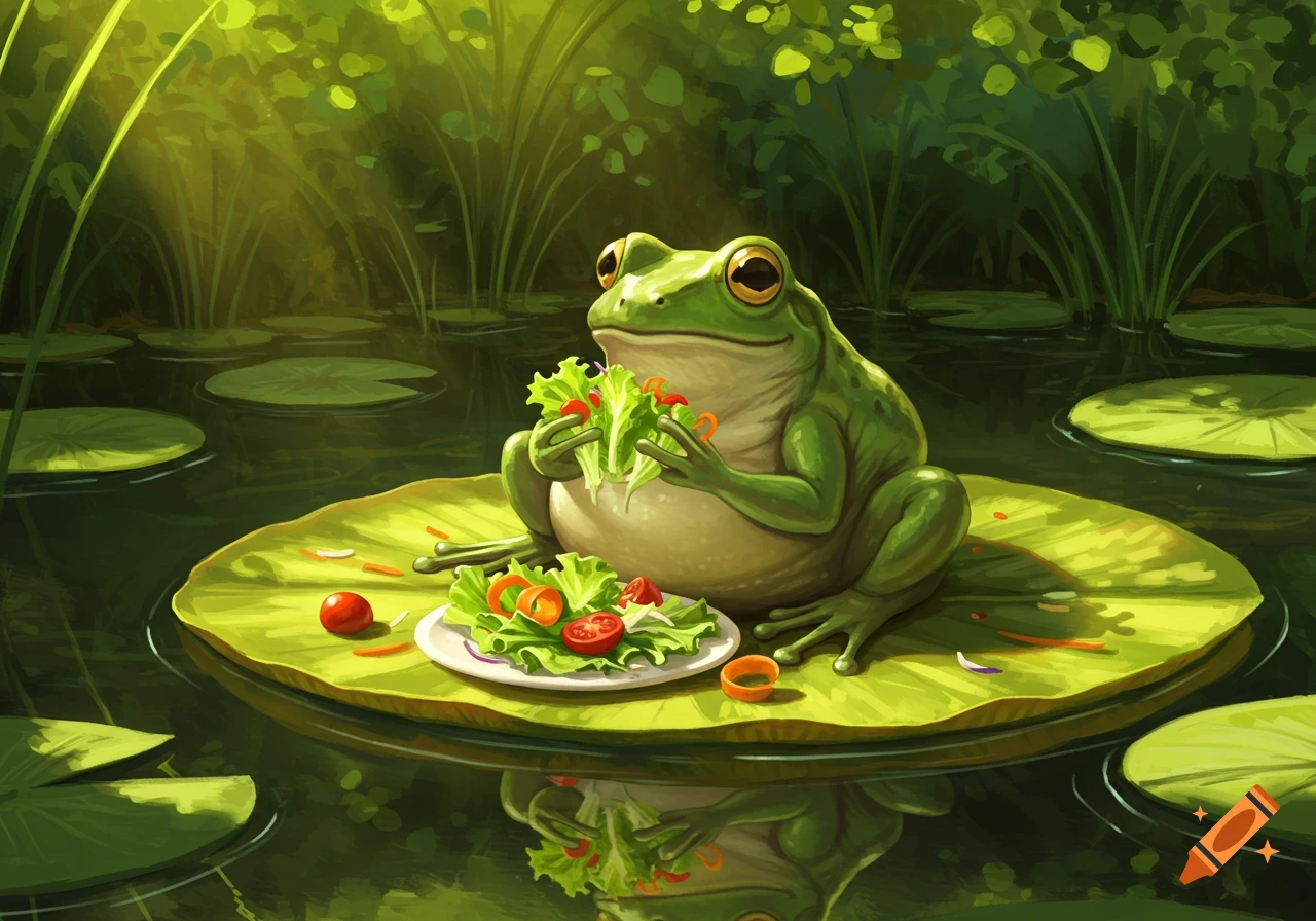 A vibrant illustration of a green frog sitting on a lily pad in a pond, happily eating a small bowl of salad.