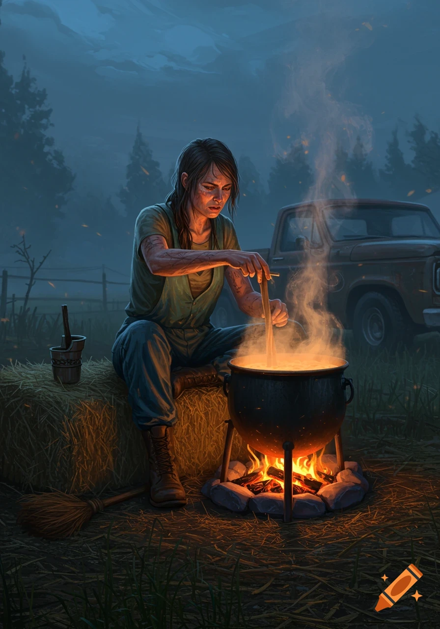 A woman with a determined expression sits on a hay bale, stirring a large bubbling cauldron over a fire at night. A pickup truck is in the background.