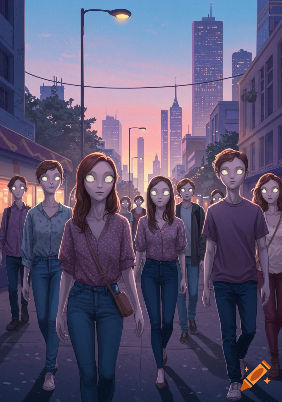 Stylized illustration of people with glowing white eyes walking down a city street at sunset.