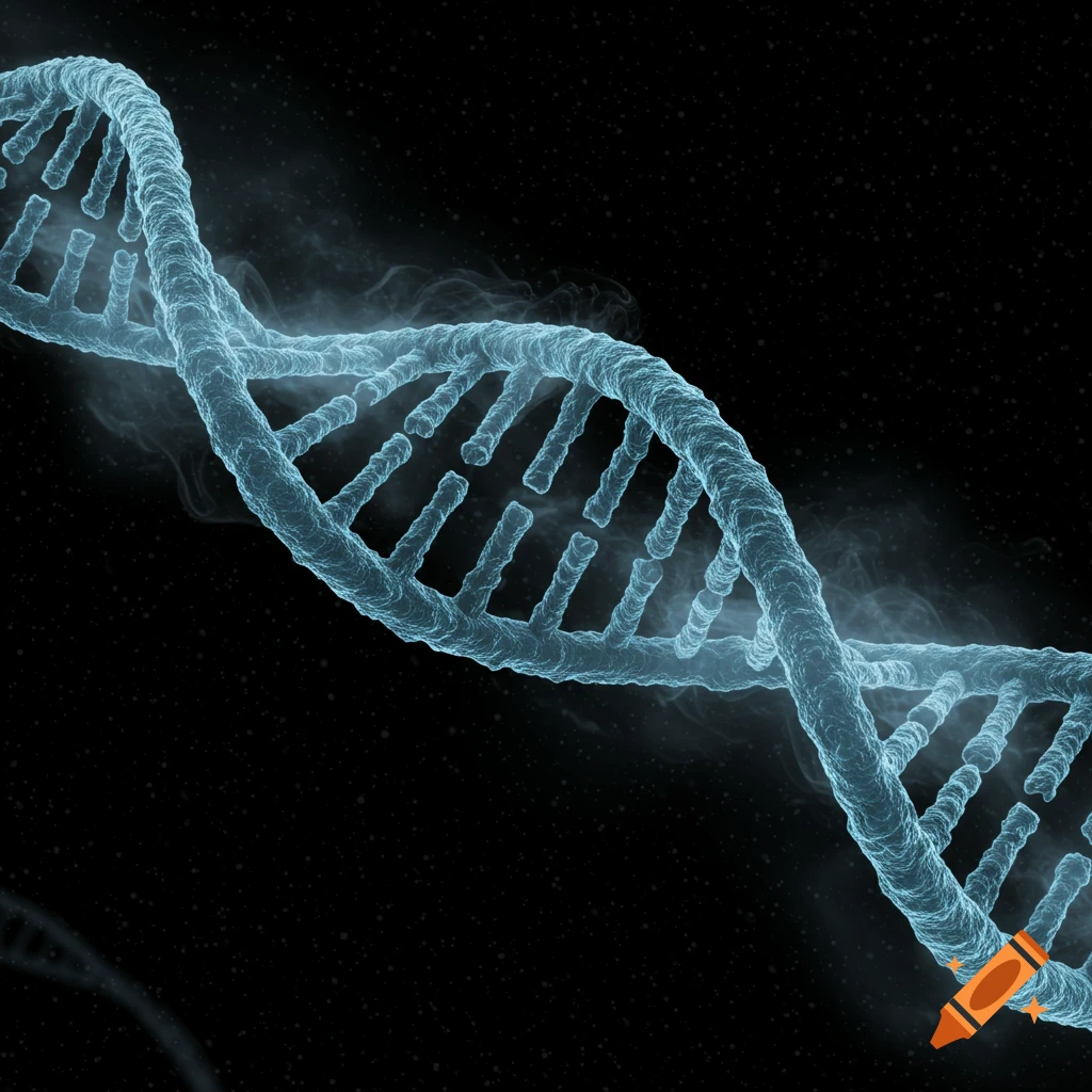 A glowing blue DNA helix structure twists diagonally across a dark, starry background.